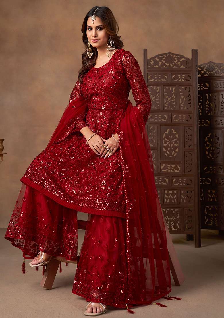 Red Embroidery Net Salwar Kameez - Indya