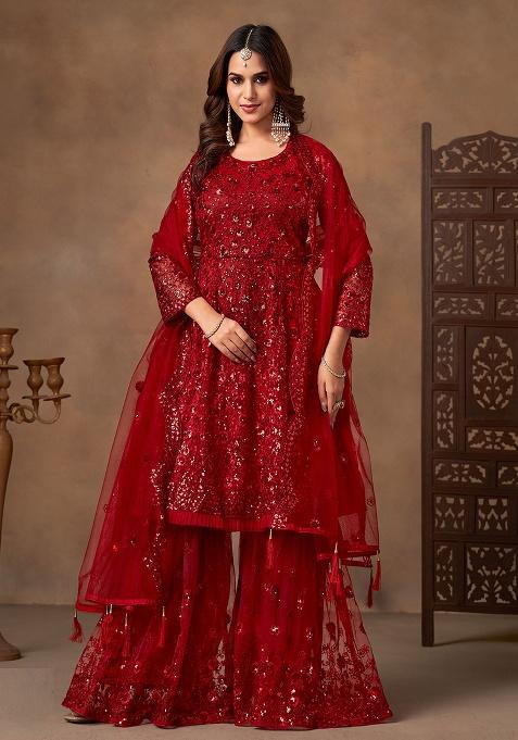 Red Embroidery Net Salwar Kameez