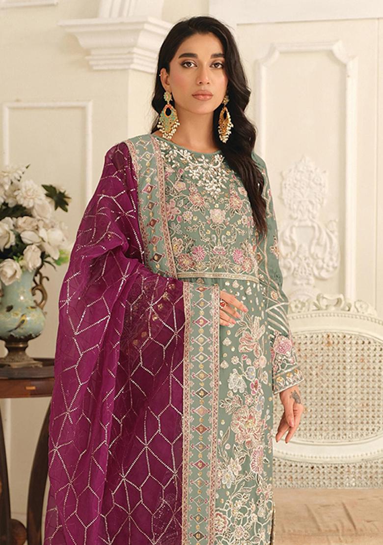 Green Embroidery Chiffon Salwar Kameez - Indya