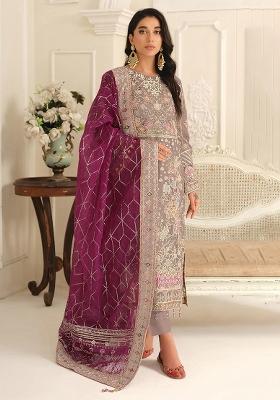 Brown Embroidery Chiffon Salwar Kameez