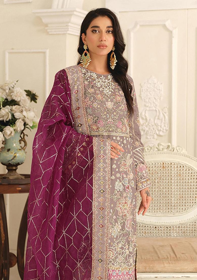 Brown Embroidery Chiffon Salwar Kameez - Indya
