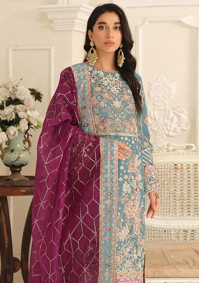 Blue Embroidery Chiffon Salwar Kameez - Indya