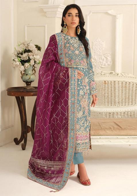 Blue Embroidery Chiffon Salwar Kameez