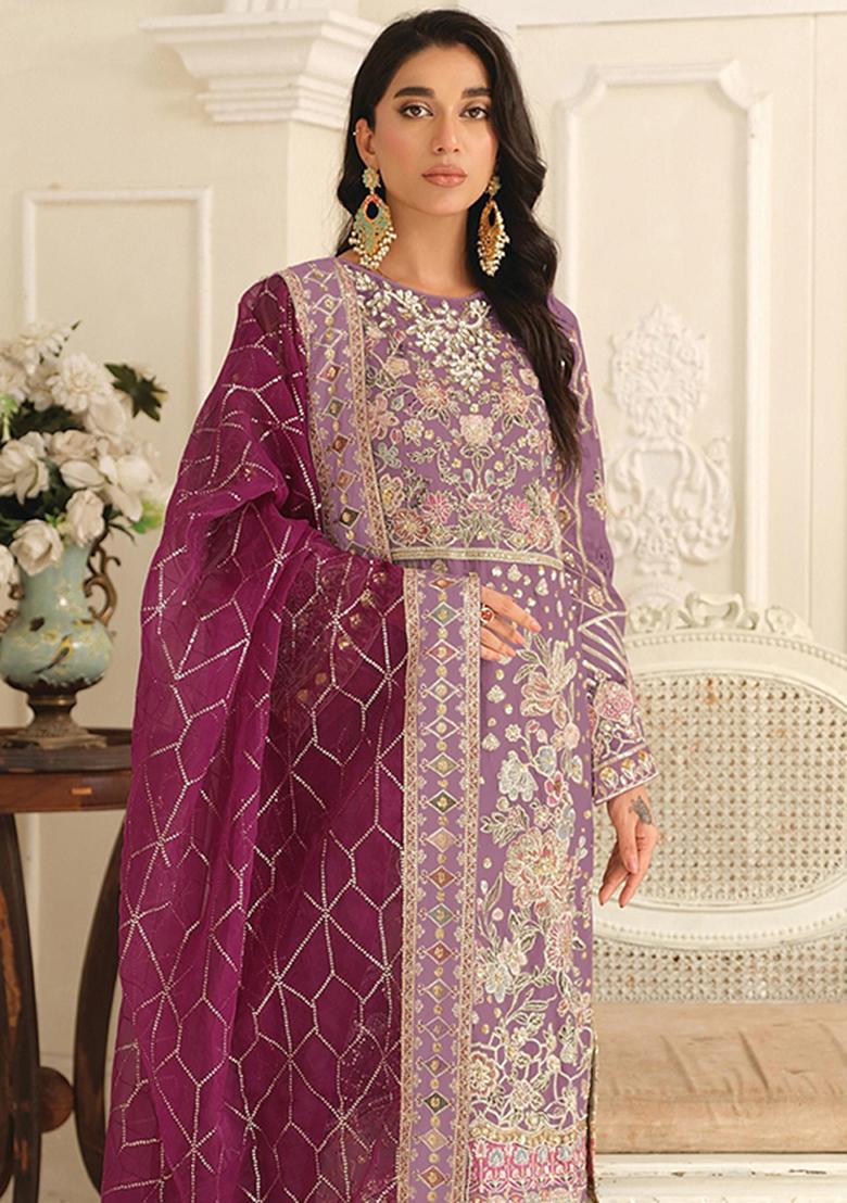 Purple Embroidery Chiffon Salwar Kameez - Indya