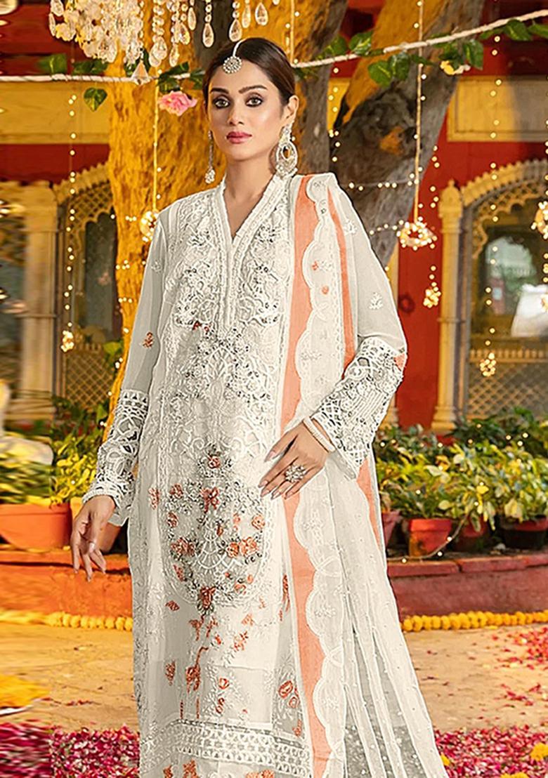 White Embroidery Chiffon Salwar Kameez - Indya