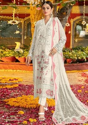 White Embroidery Chiffon Salwar Kameez