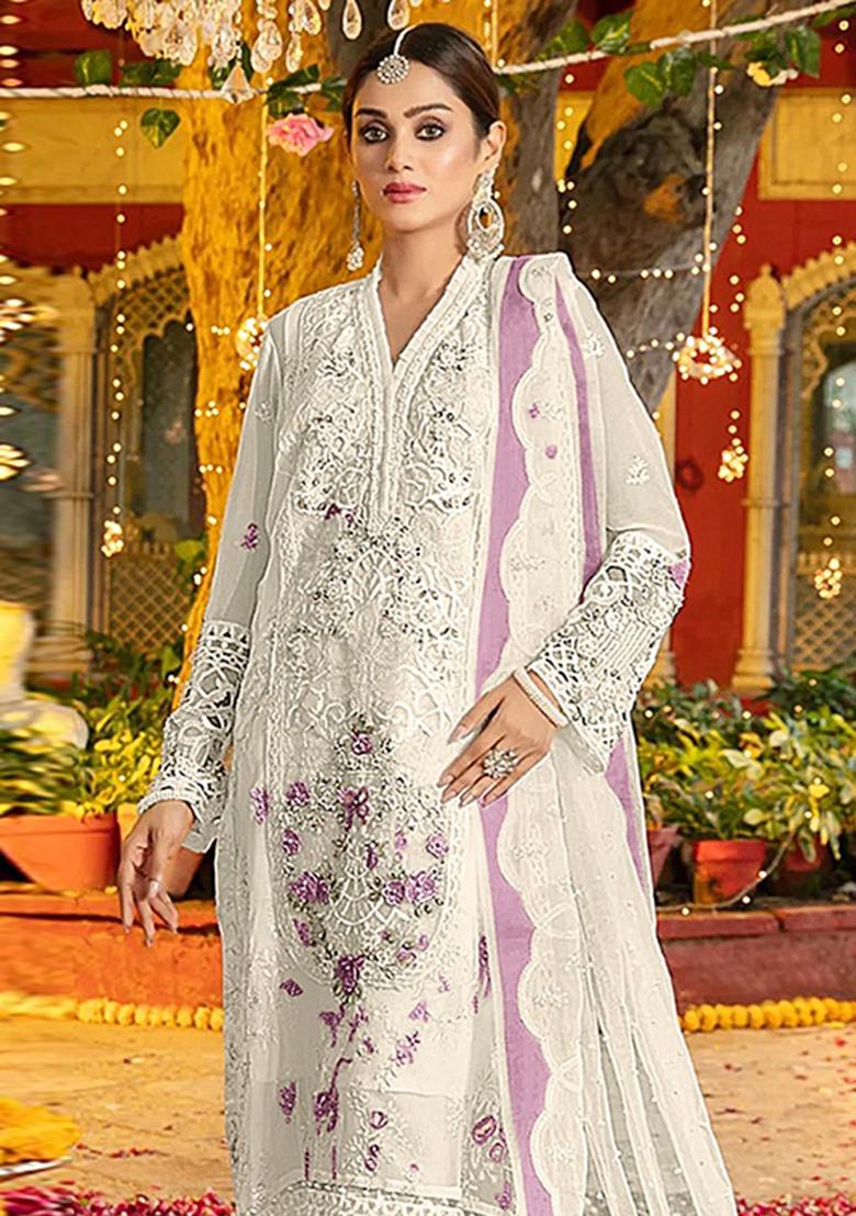White Embroidery Chiffon Salwar Kameez - Indya