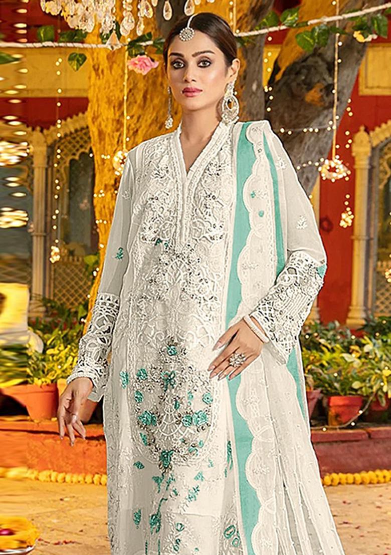 White Embroidery Chiffon Salwar Kameez - Indya