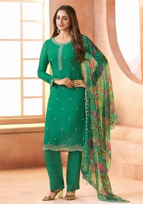Dark Green Embroidery Chiffon Salwar Kameez