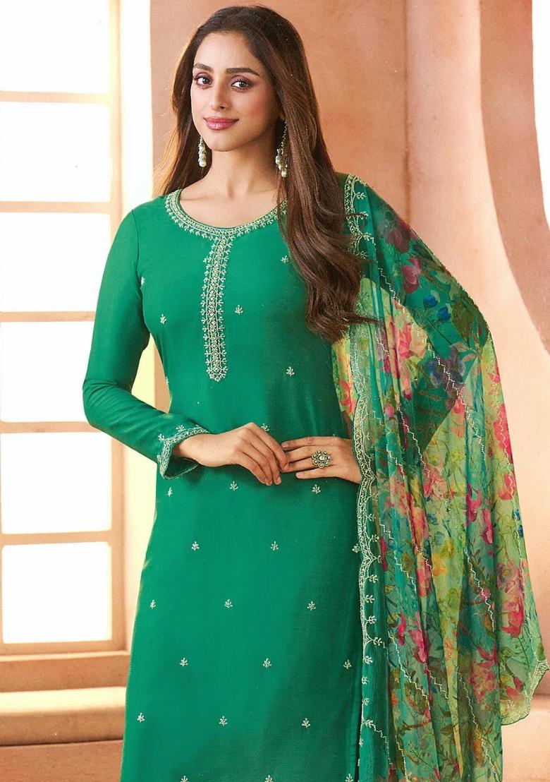 Dark Green Embroidery Chiffon Salwar Kameez - Indya