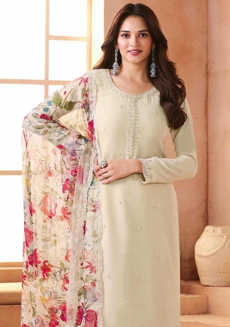 Beige Embroidery Chiffon Salwar Kameez - Indya
