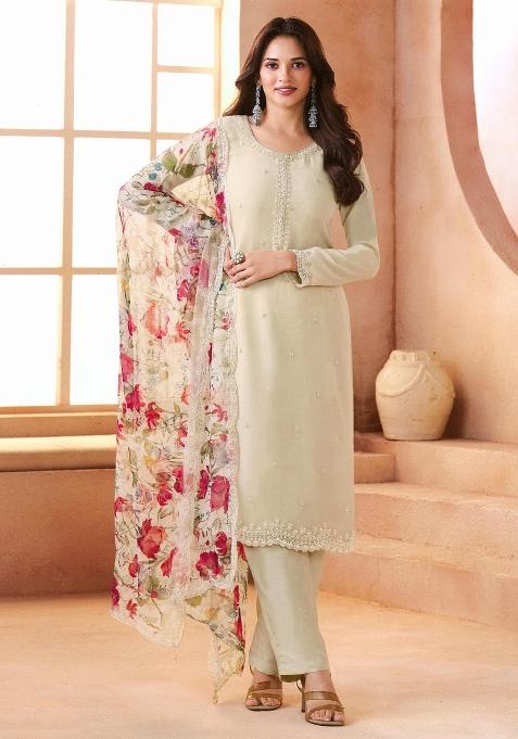 Beige Embroidery Chiffon Salwar Kameez