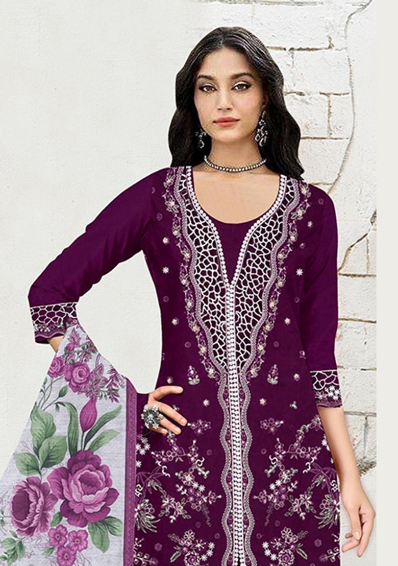Purple Embroidery Cotton Salwar Kameez - Indya