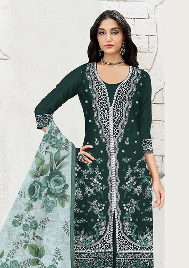 Dark Green Embroidery Cotton Salwar Kameez - Indya