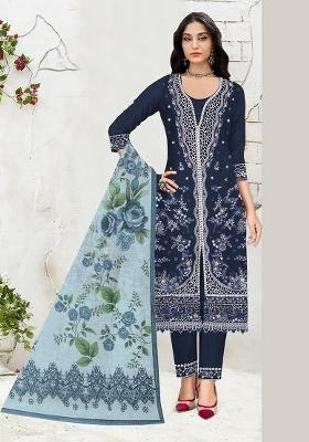 Navy Blue Embroidery Cotton Salwar Kameez