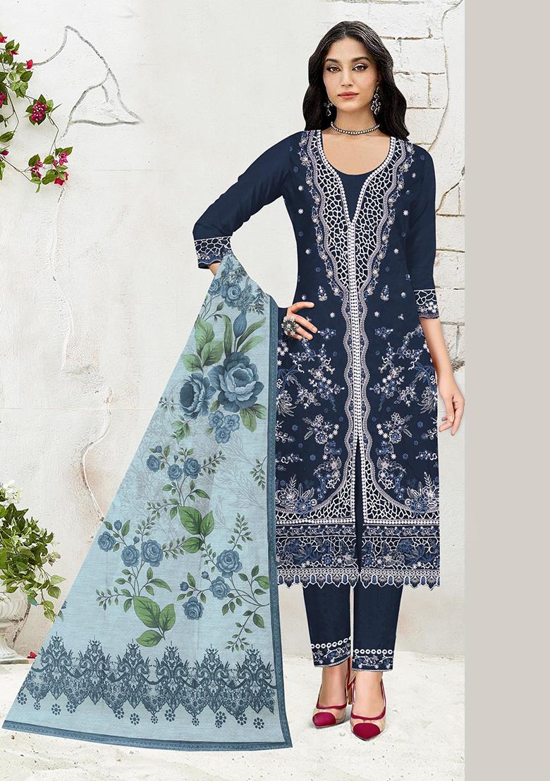 Navy Blue Embroidery Cotton Salwar Kameez - Indya