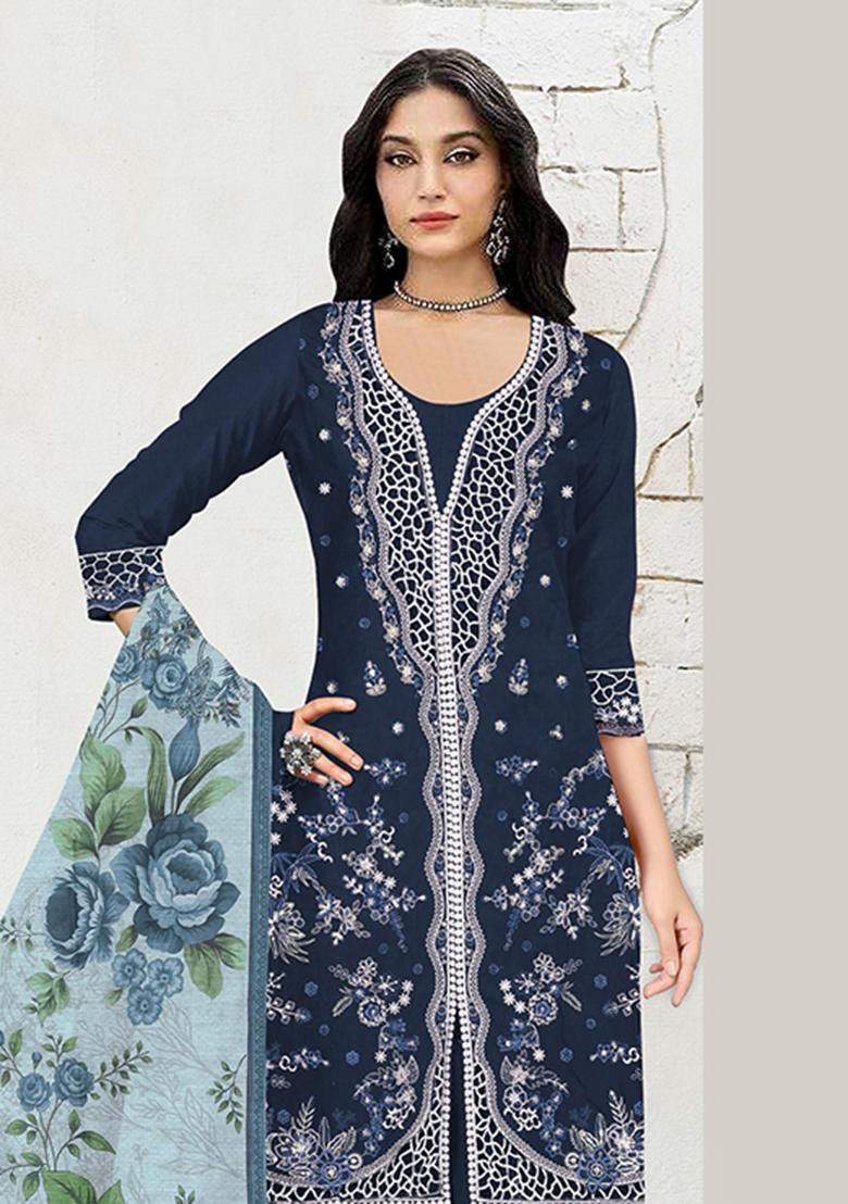 Navy Blue Embroidery Cotton Salwar Kameez - Indya