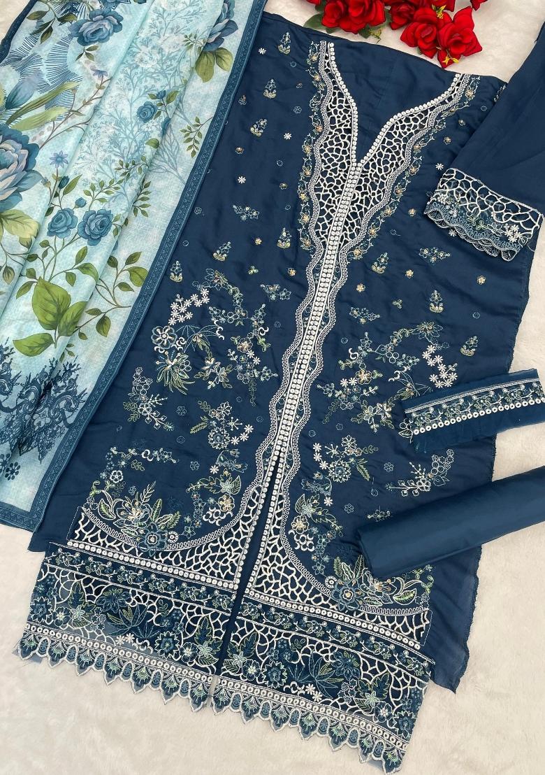 Navy Blue Embroidery Cotton Salwar Kameez - Indya