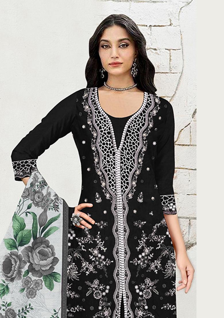 Black Embroidery Cotton Salwar Kameez - Indya