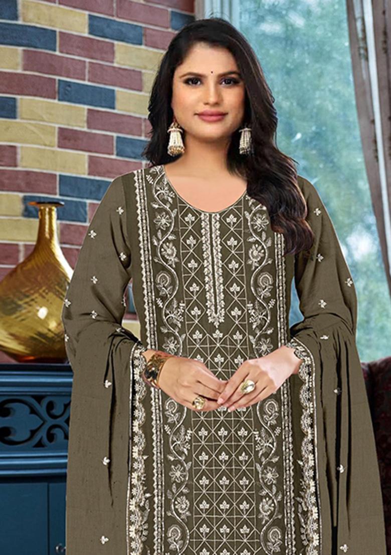 Mehendi Embroidery Silk Salwar Kameez - Indya