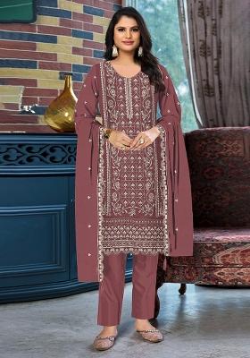 Peach Embroidery Silk Salwar Kameez