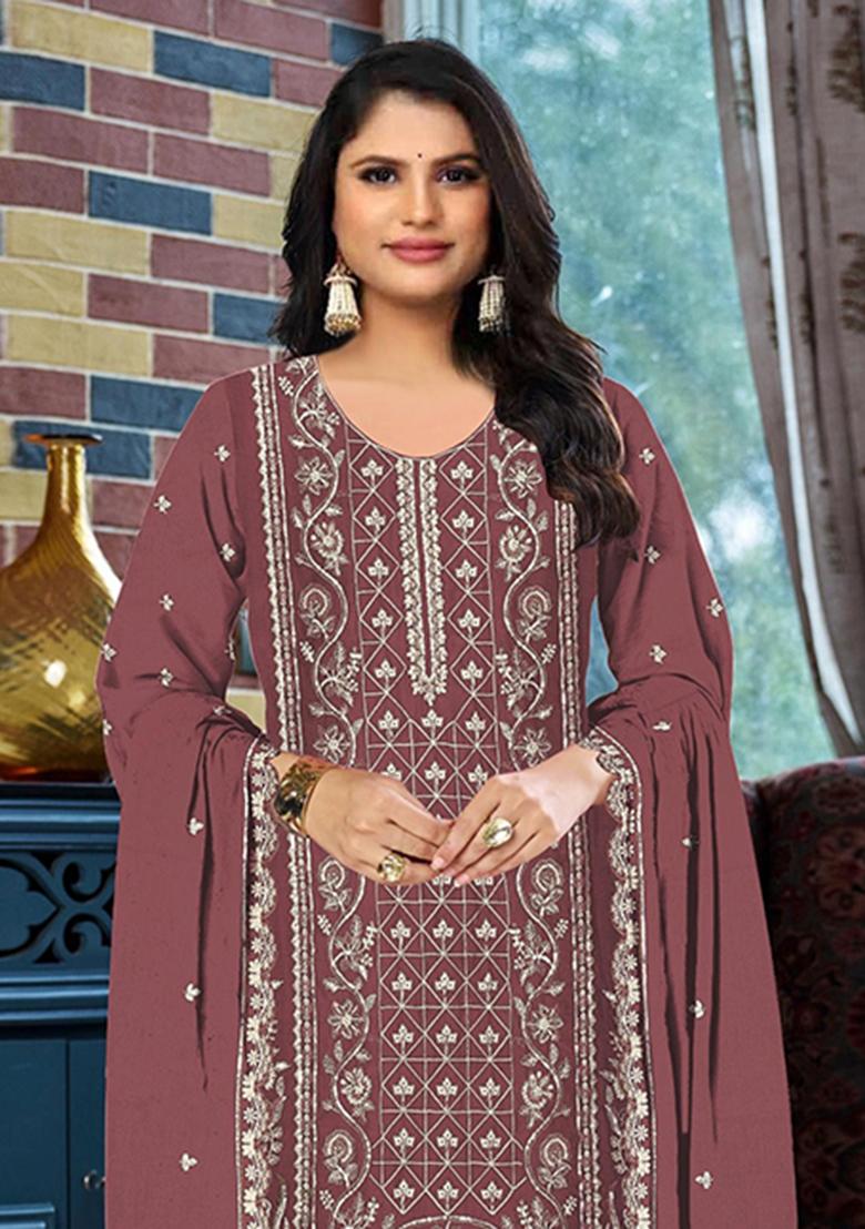 Peach Embroidery Silk Salwar Kameez - Indya