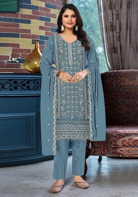 Blue Embroidery Silk Salwar Kameez