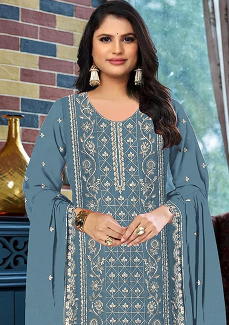 Blue Embroidery Silk Salwar Kameez - Indya