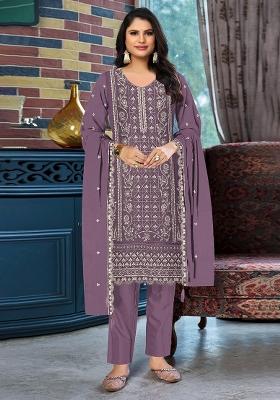 Purple Embroidery Silk Salwar Kameez