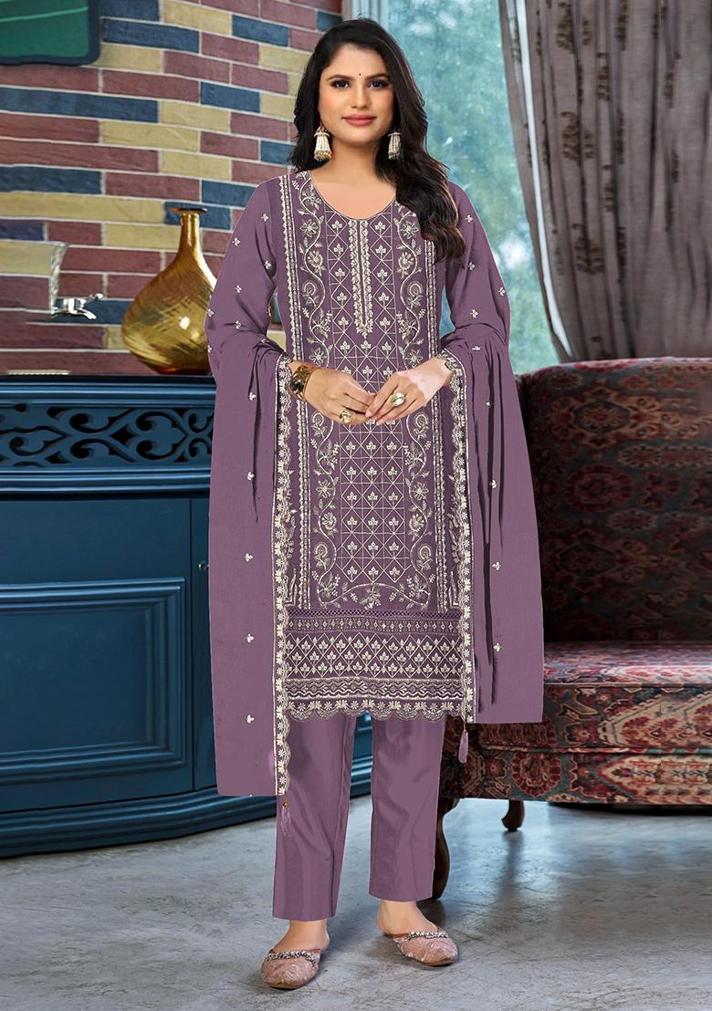 Purple Embroidery Silk Salwar Kameez - Indya