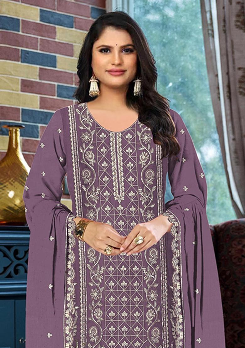 Purple Embroidery Silk Salwar Kameez - Indya