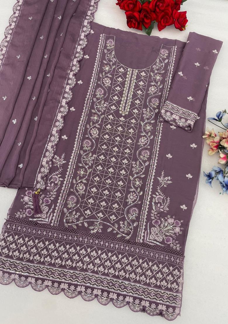 Purple Embroidery Silk Salwar Kameez - Indya