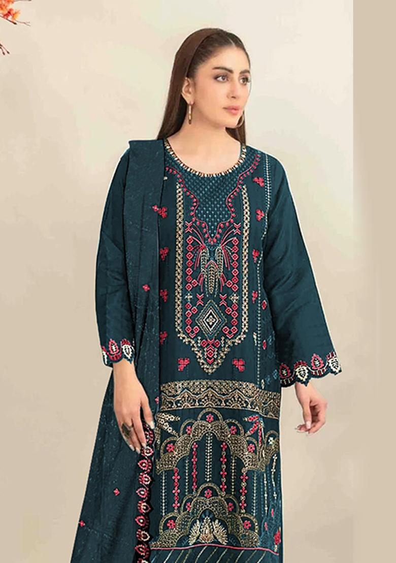 Teal Blue Embroidery Silk Salwar Kameez - Indya