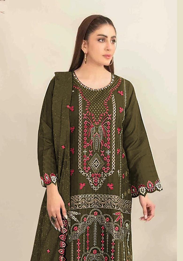Mehendi Embroidery Silk Salwar Kameez - Indya