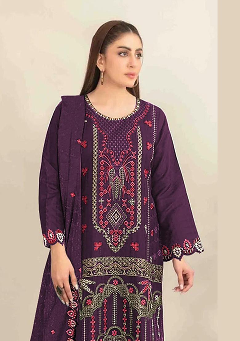 Purple Embroidery Silk Salwar Kameez - Indya