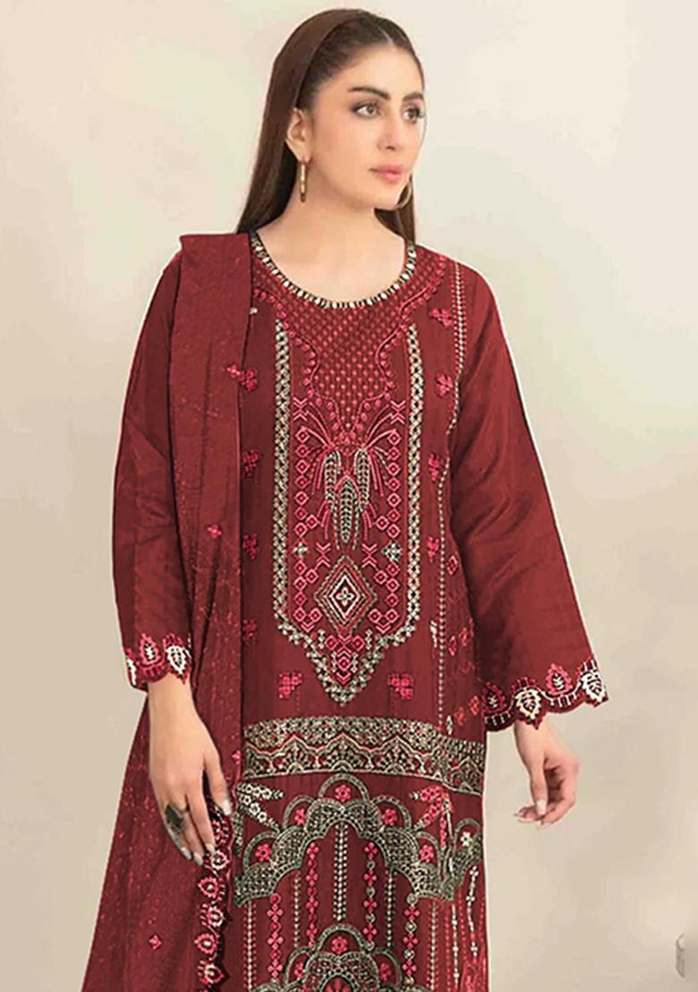 Maroon Embroidery Silk Salwar Kameez - Indya