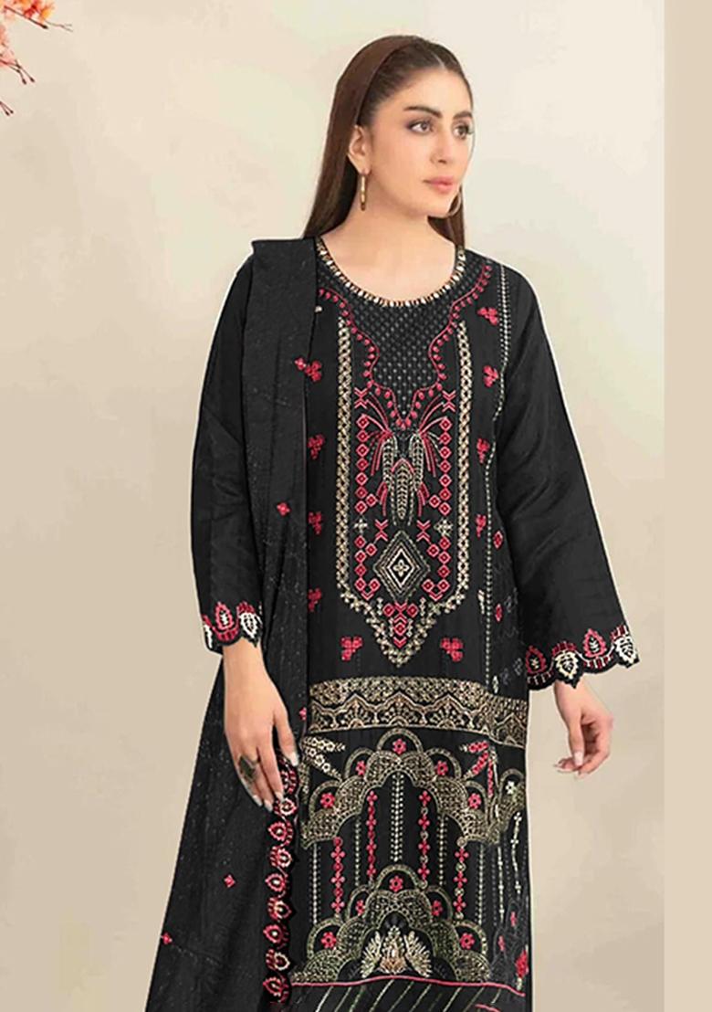 Black Embroidery Silk Salwar Kameez - Indya
