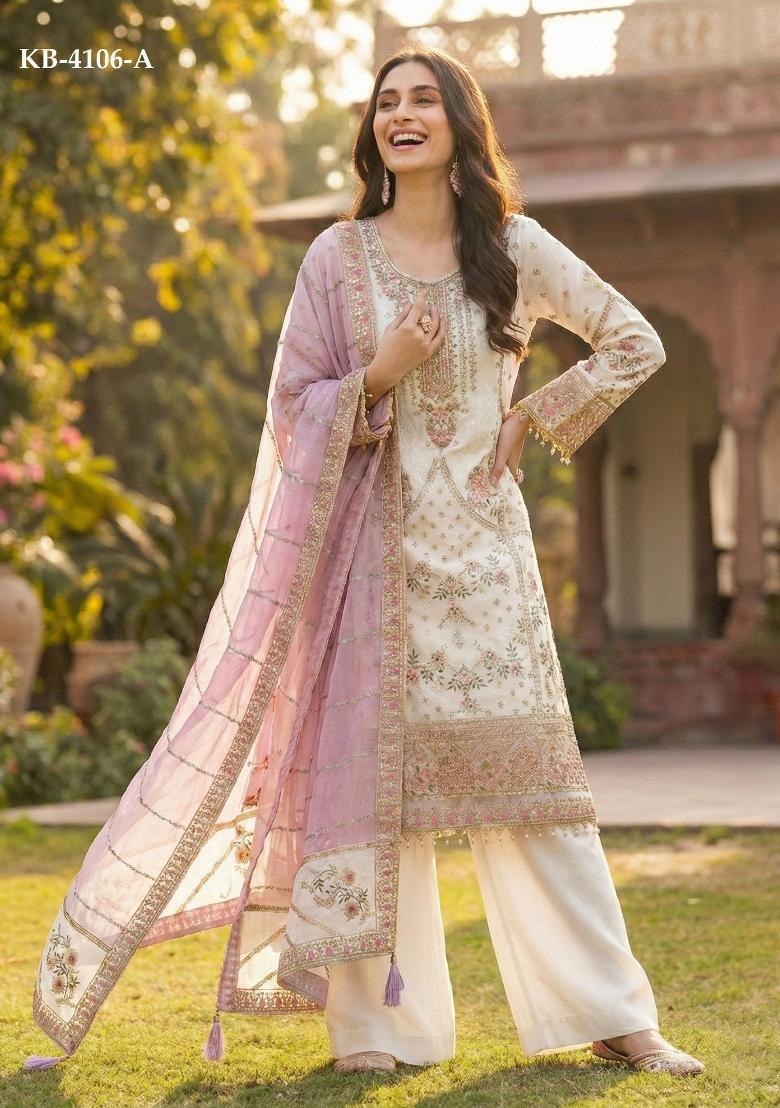 White Embroidery Georgette Salwar Kameez - Indya