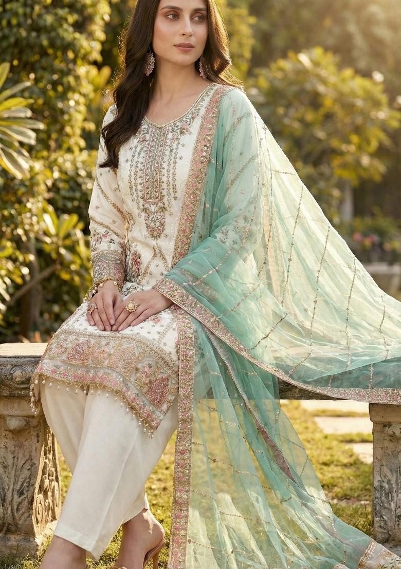 White Embroidery Georgette Salwar Kameez - Indya