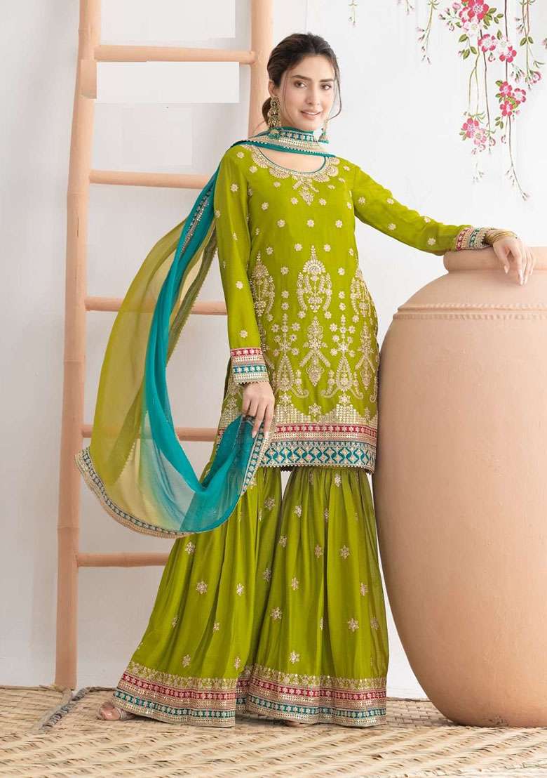 Yellow Embroidery Chinon Kurta Set - Indya