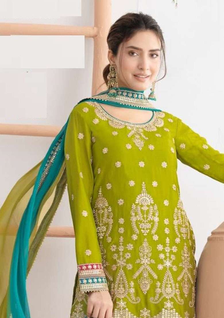Yellow Embroidery Chinon Kurta Set - Indya