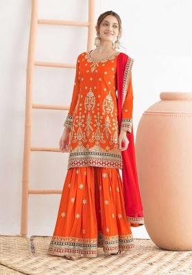 Orange Embroidery Chinon Kurta Set