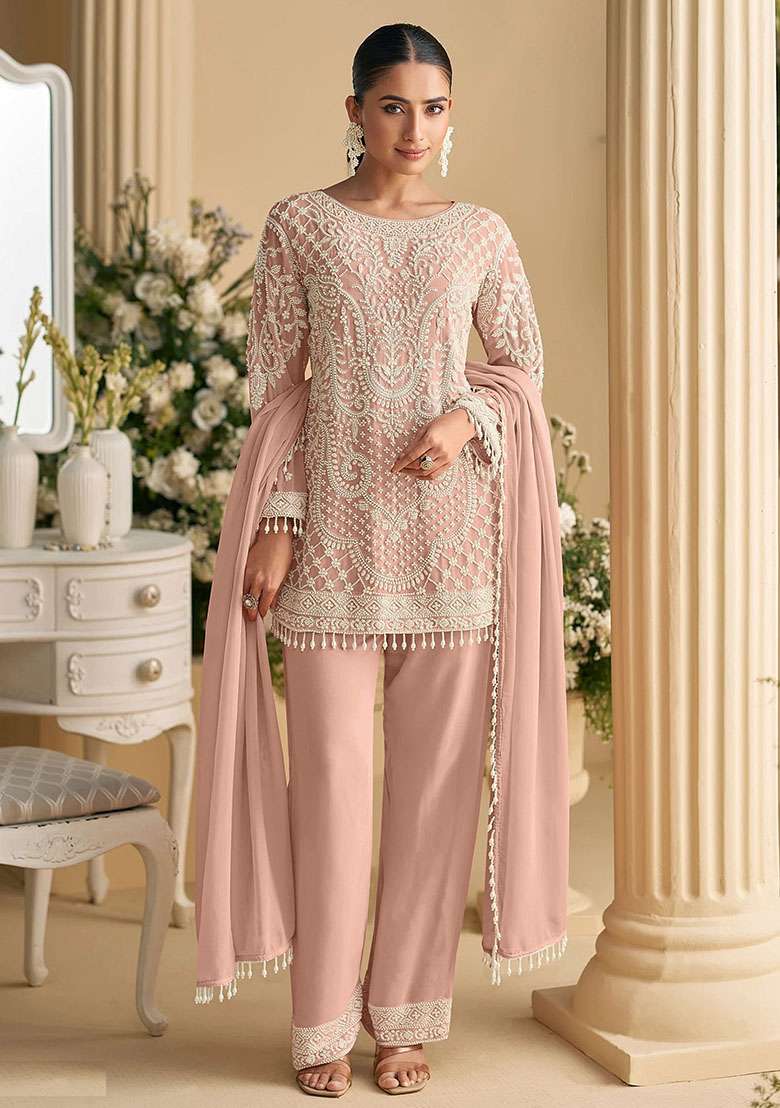 Pink Embroidery Georgette Kurta Set - Indya