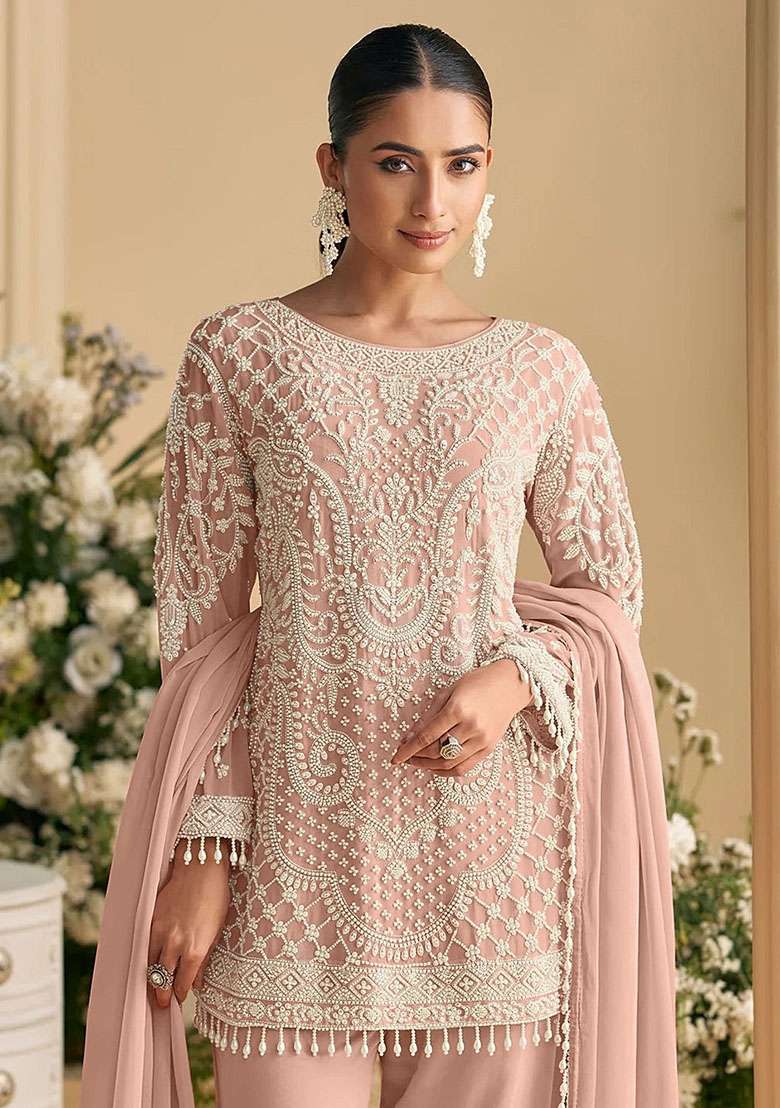 Pink Embroidery Georgette Kurta Set - Indya
