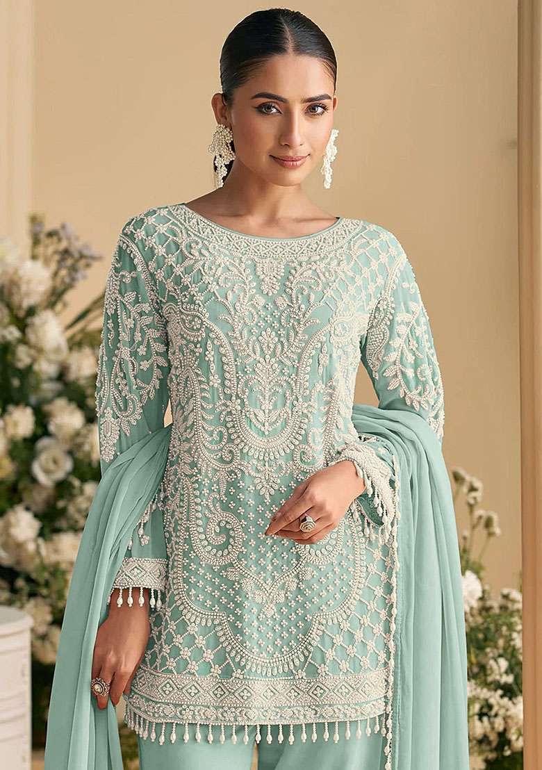 Green Embroidery Georgette Kurta Set - Indya