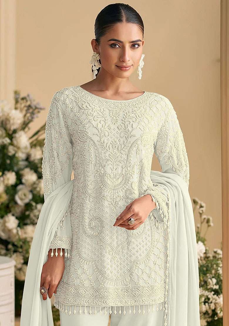 White Embroidery Georgette Kurta Set - Indya