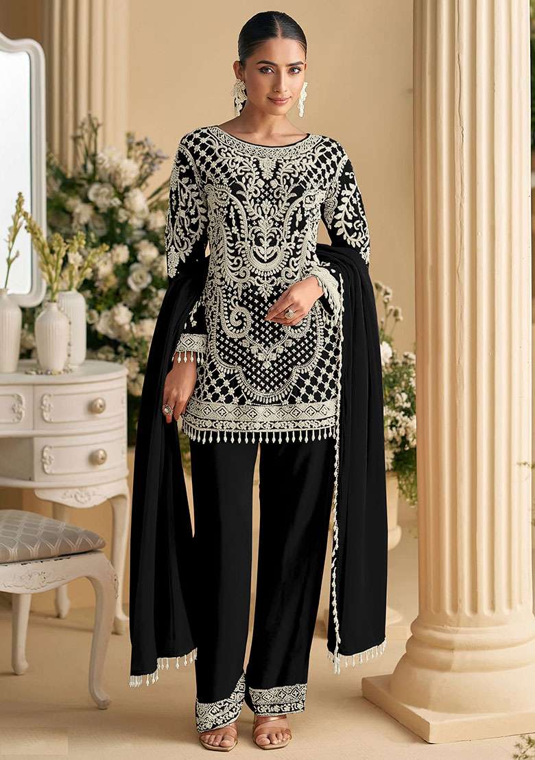 Black Embroidery Georgette Kurta Set - Indya