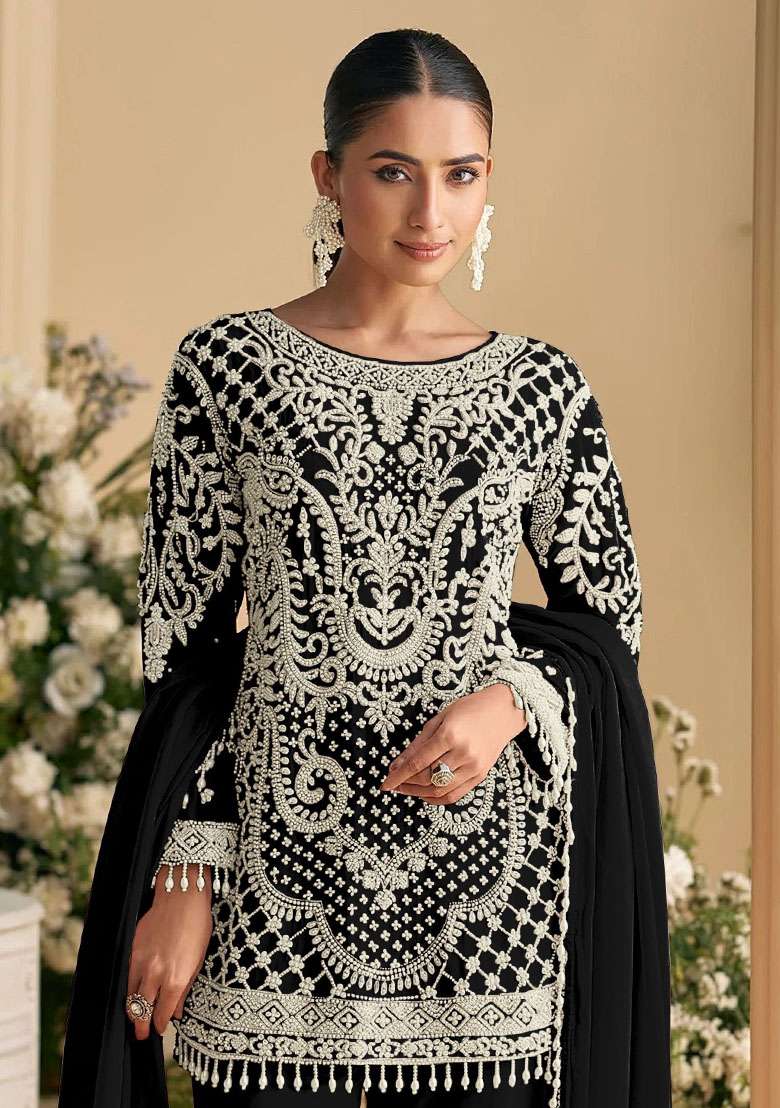 Black Embroidery Georgette Kurta Set - Indya