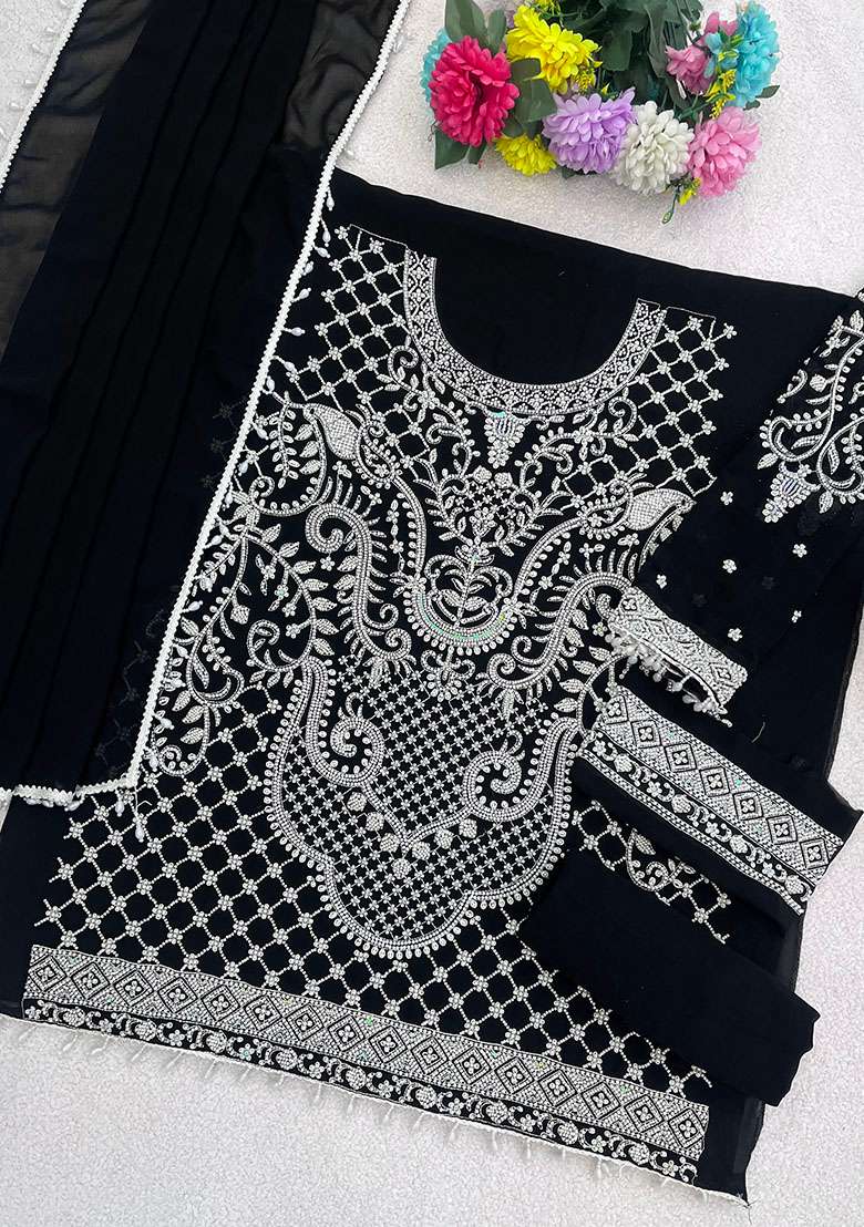 Black Embroidery Georgette Kurta Set - Indya