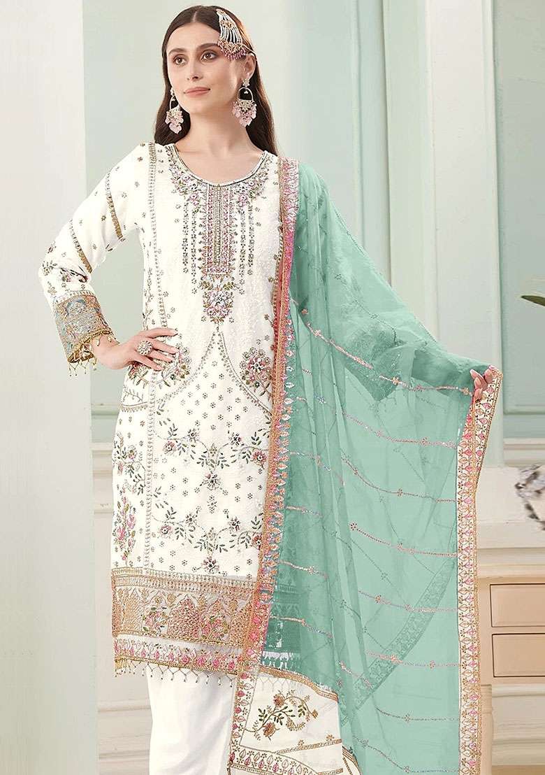 Sky Blue Embroidery Georgette Kurta Set - Indya